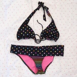 y2k aeropostale polka dot bikini set neon triangle swim